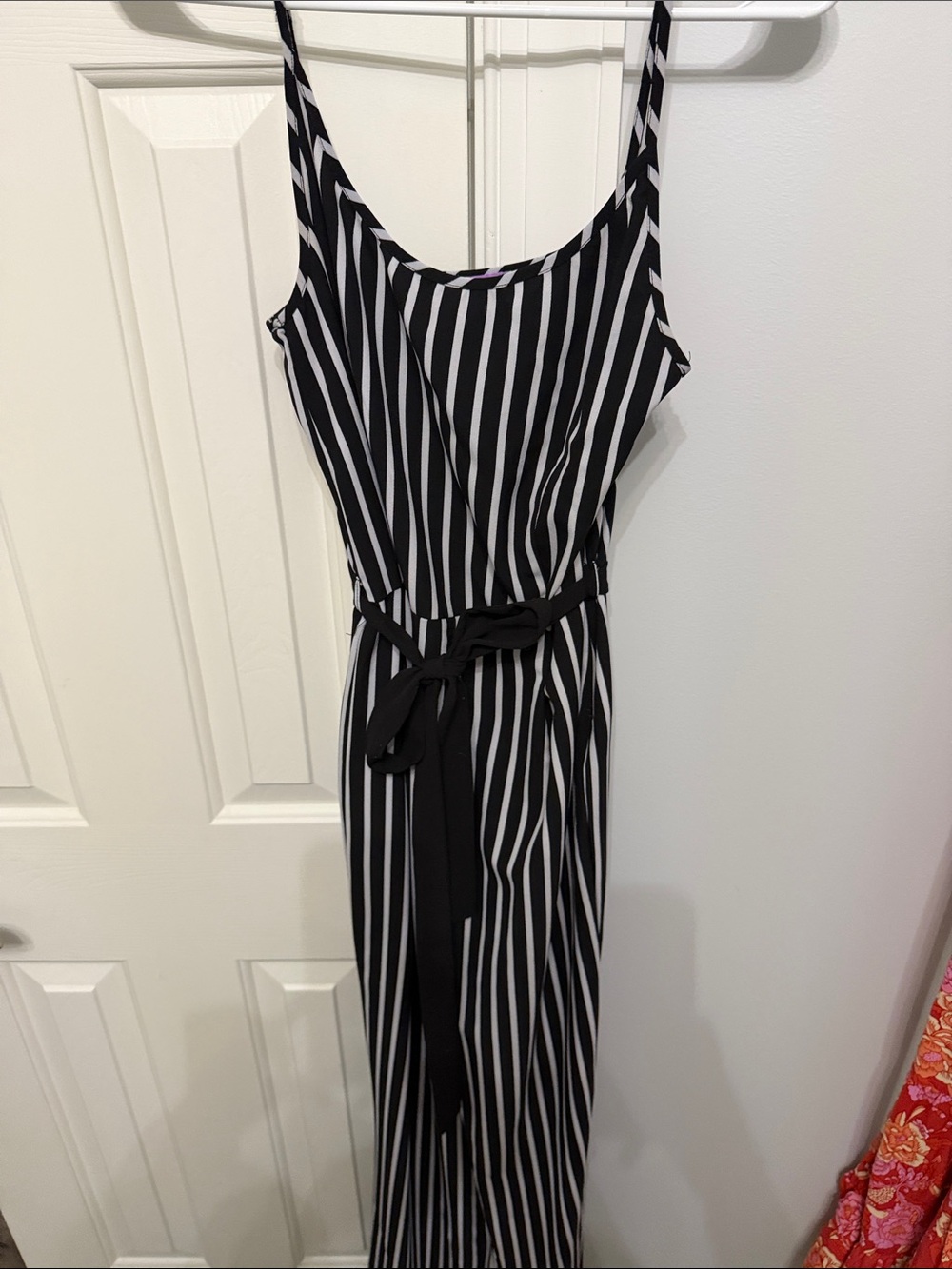 Black & White Striped Jumpsuit with Waist Tie